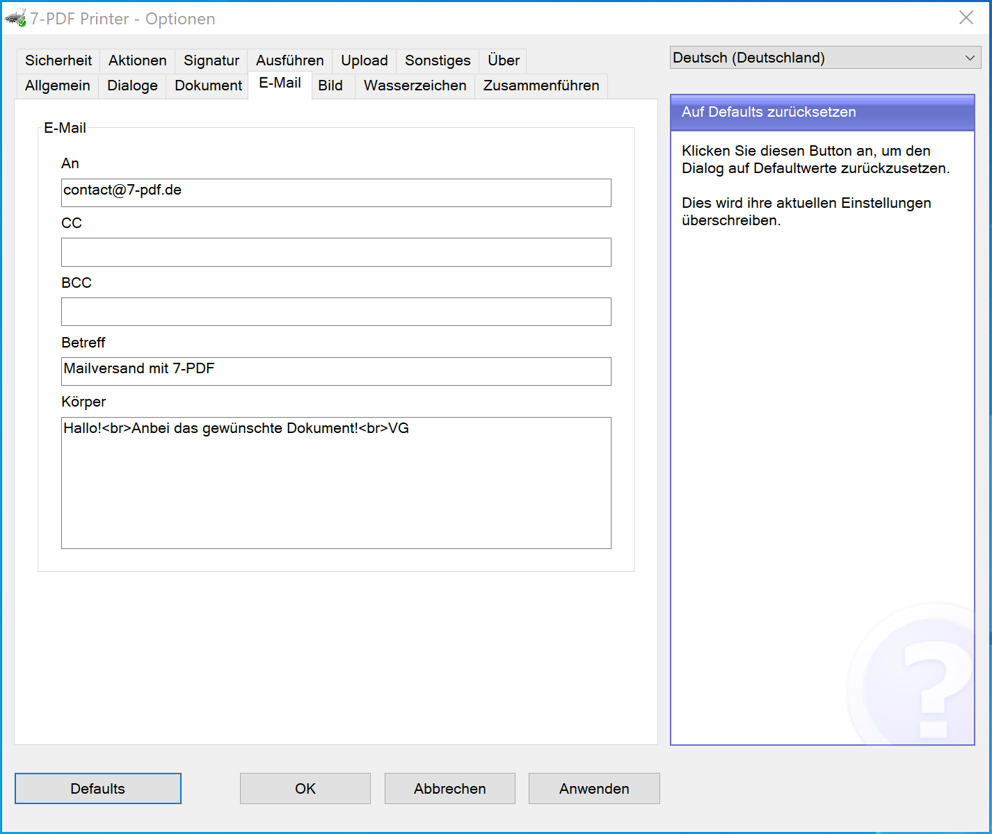 Fixe Konfiguration Mailversand im Optionen Dialog des PDF Druckers