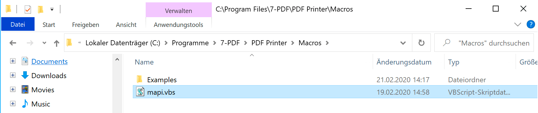 Macros Verzeichnis des PDF Druckers zur Ansprache des Eventhandlers