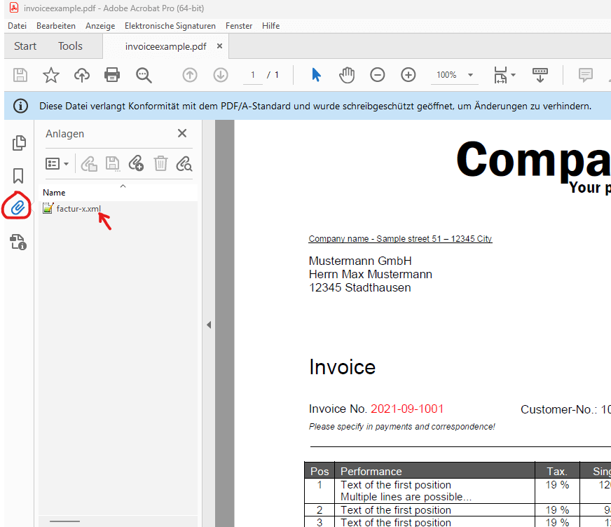 ZUGFeRD konforme PDF Rechnung im Acrobat Reader