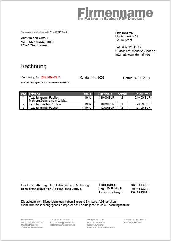 Beispielrechnung mit rot markierter Rechnungsnummer