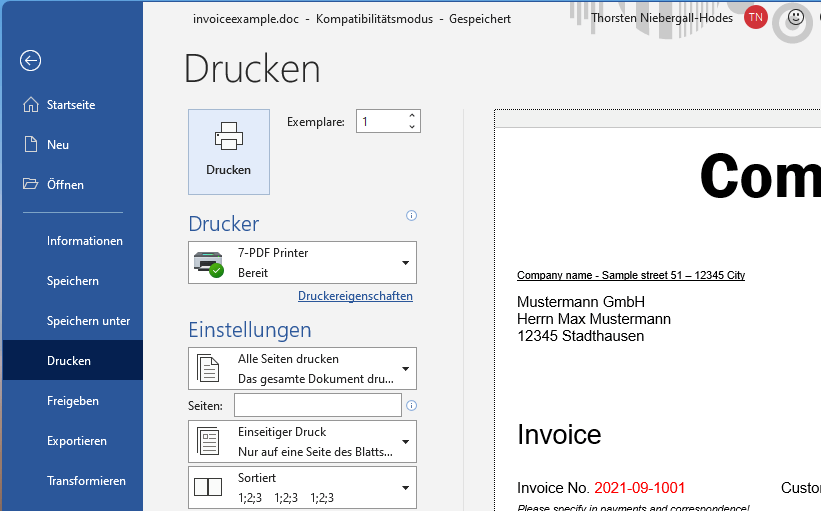 Beispielrechnung drucken