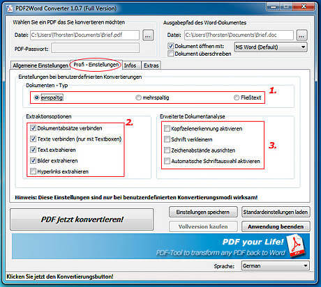 PDF2Word Profi Einstellungen