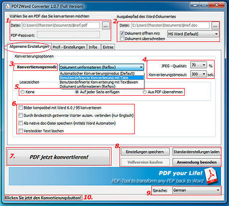 PDF2Word Allgemeine Einstellungen