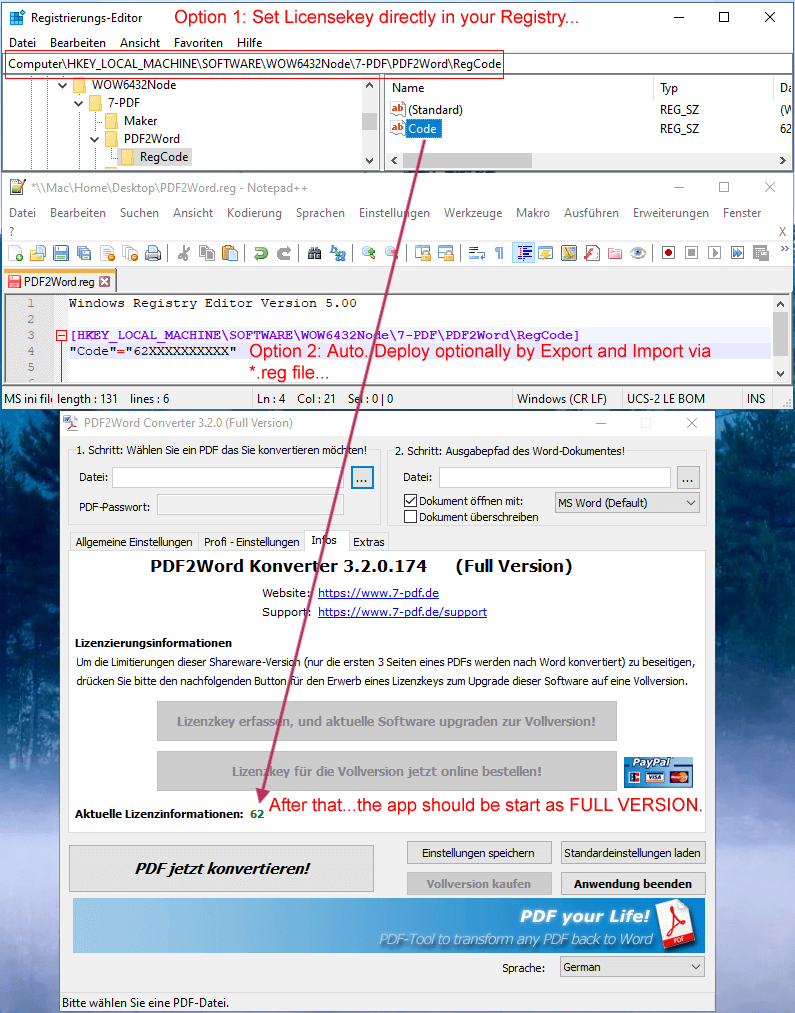 Der nachfolgende Screenshot zeigt den Pfad zum Erfassen des Lizenzkeys innerhalb der Registry
