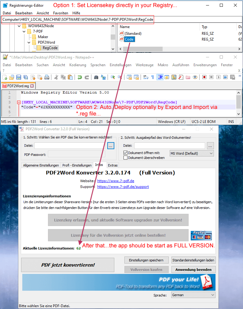 The following screenshot shows the path for entering the license key within the registry.