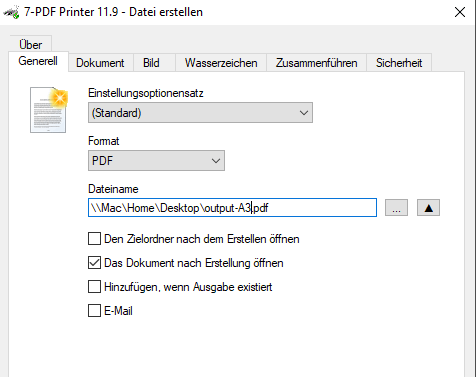 7-PDF Printer Druckdialog zum Speichern der DIN A3 PDF Datei