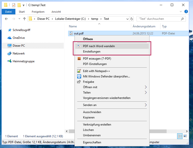 PDF in Word direkt im Windows Explorer umwandeln