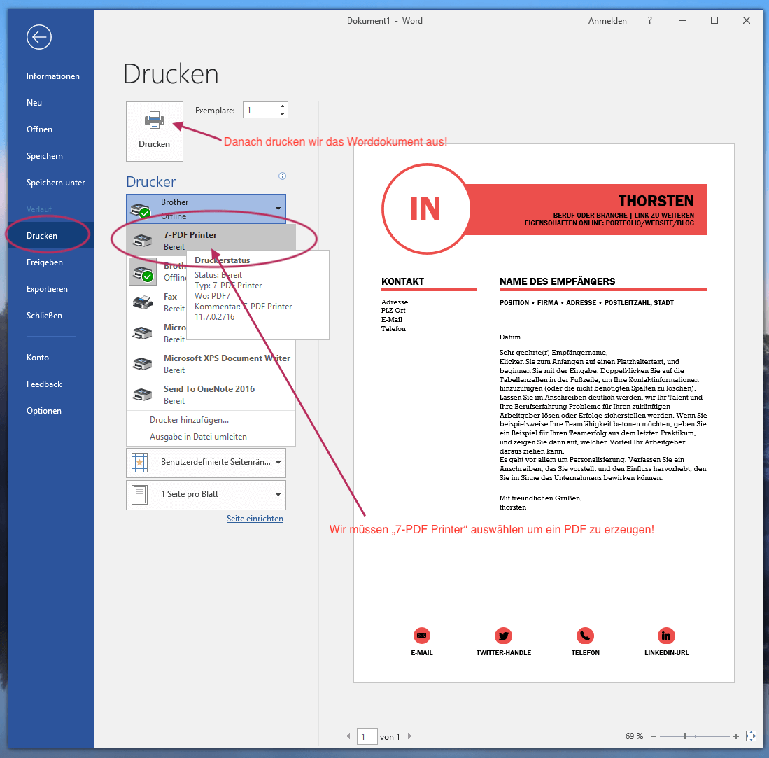 Word Dateien in PDF umwandeln - über den Druckdialog von Microsoft Word